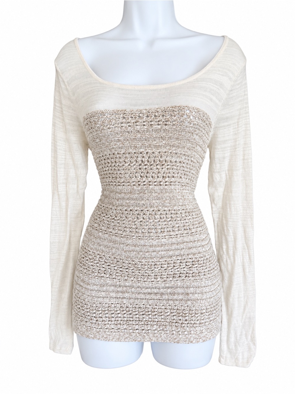 Lucky Brand Cream Textured Knit Long Sleeve Boho Tunic Top Small